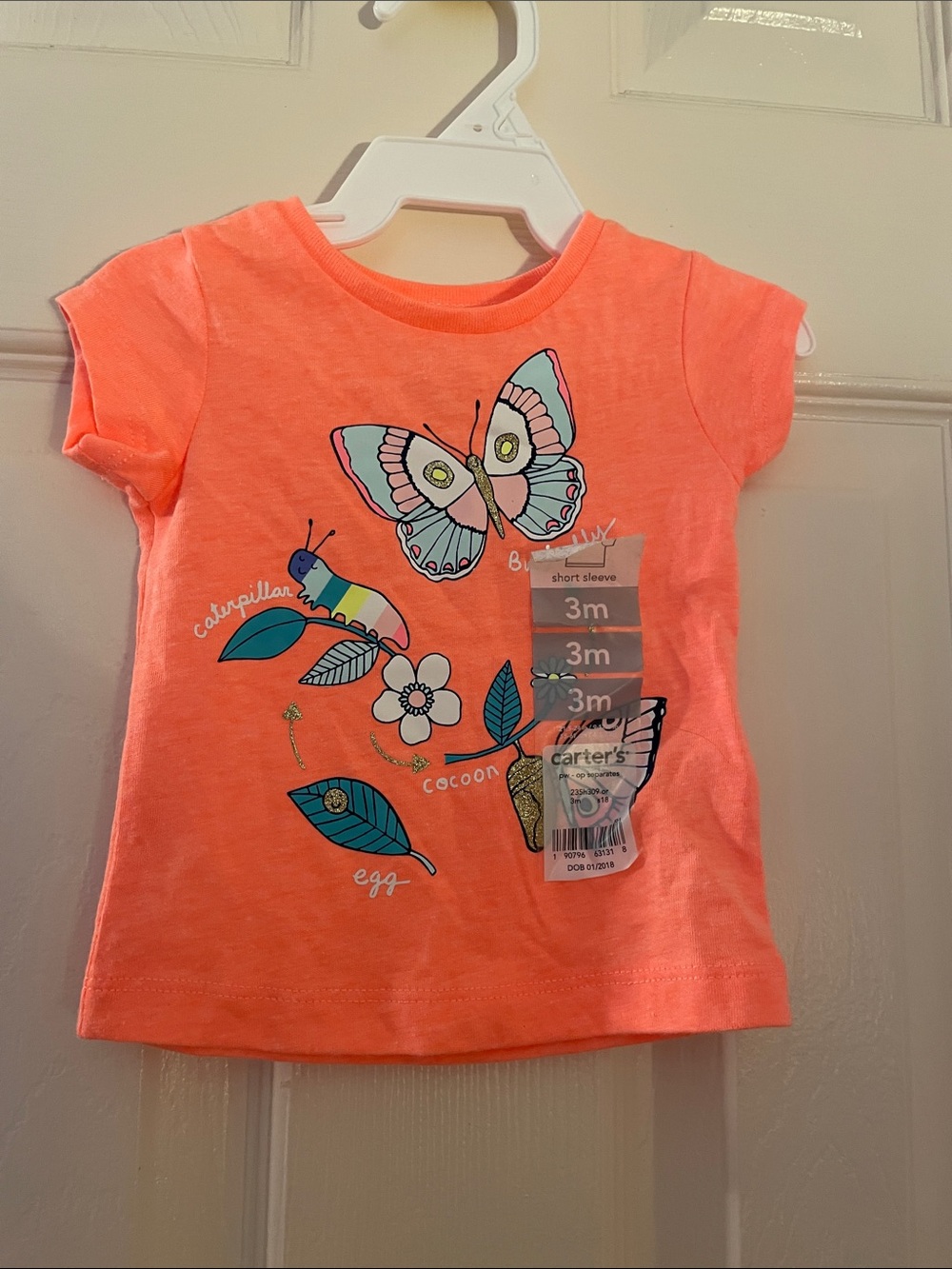 Carter's Neon Coral Short Sleeve Tee with Butterfly & Nature Graphics 3mon New